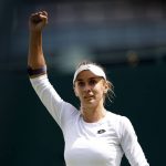 
              Ukraine's Lesia Tsurenko celebrates beating Britain's Jodie Burrage in a women's singles first round match on day one of the Wimbledon tennis championships in London, Monday, June 27, 2022. (Steve Paston/PA via AP)
            