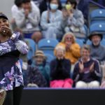 
              Serena Williams of the United States reacts during their doubles tennis match with Ons Jabeur of Tunisia against Marie Bouzkova of Czech Republic and Sara Sorribes Tormo of Spain at the Eastbourne International tennis tournament in Eastbourne, England, Tuesday, June 21, 2022. (AP Photo/Kirsty Wigglesworth)
            