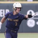 
              Notre Dame's David LaManna rounds the bases after hitting a two-run home run against Tennessee in the seventh inning of an NCAA college baseball super regional game Sunday, June 12, 2022, in Knoxville, Tenn. (AP Photo/Randy Sartin)
            
