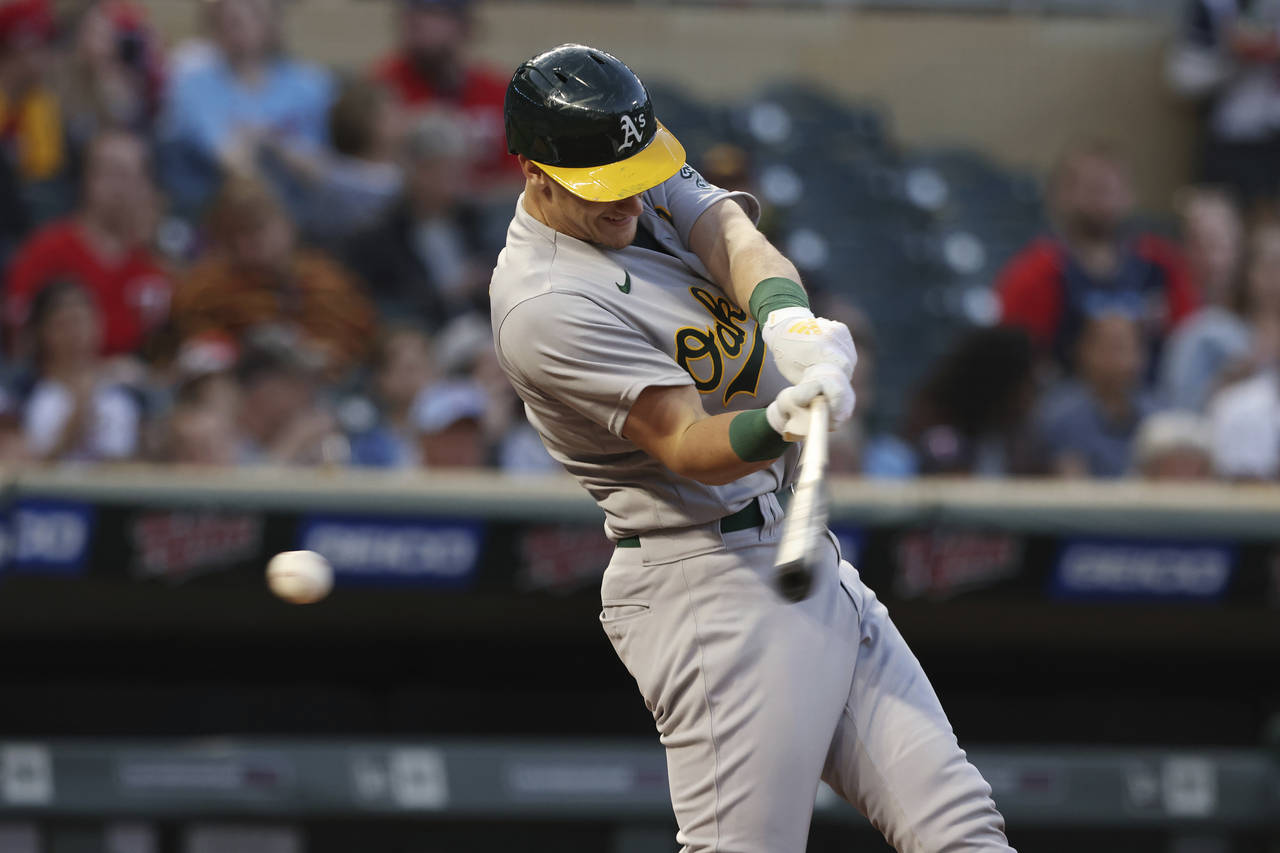 Oakland Athletics' Sean Murphy strikes out swinging against the Minnesota Twins during the fourth i...