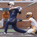 
              Notre Dame's David LaManna (3) hits a two-run home run against Tennessee in the seventh inning of an NCAA college baseball super regional game Sunday, June 12, 2022, in Knoxville, Tenn. (AP Photo/Randy Sartin)
            