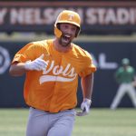 
              Tennessee first baseman Luc Lipcius rounds the bases after hitting a home run against Notre Dame in the fifth inning during an NCAA college baseball super regional game Saturday, June 11, 2022, in Knoxville, Tenn. (AP Photo/Randy Sartin)
            