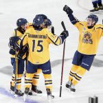 
              Shawinigan Cataractes, from left to right, Isaac Menard, Loris Rafanomezantsoa, Charles Beaudoin, and Olivier Nadeau celebrate a goal against the Saint John Sea Dogs in the first period of a Memorial Cup hockey game in Saint John, New Brunswick, Saturday, June 25, 2022. (Darren Calabrese/The Canadian Press via AP)
            
