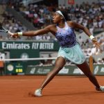 
              Coco Gauff of the U.S.returns the ball to Italy's Martina Trevisan during their semifinal match of the French Open tennis tournament at the Roland Garros stadium Thursday, June 2, 2022 in Paris. (AP Photo/Jean-Francois Badias)
            