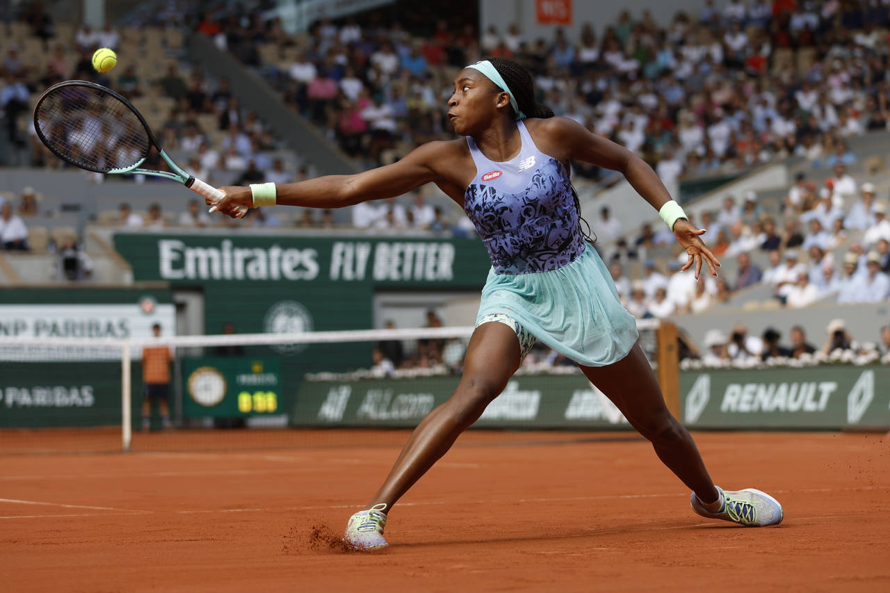 Coco Gauff of the U.S.returns the ball to Italy's Martina Trevisan during their semifinal match of ...