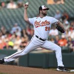 
              Baltimore Orioles starting pitcher Jordan Lyles (28) throws a pitch during the first inning of a baseball game against the Washington Nationals , Tuesday, June 21, 2022, in Baltimore. (AP Photo/Tommy Gilligan)
            