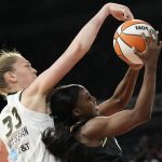 
              Chicago Sky forward Emma Meesseman (33) blocks a shot by Las Vegas Aces guard Jackie Young (0) during the second half of a WNBA basketball game Tuesday, June 21, 2022, in Las Vegas. (AP Photo/John Locher)
            