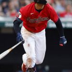 
              Cleveland Guardians' Andres Gimenez watches his solo home run against the Boston Red Sox during the fourth inning of a baseball game Friday, June 24, 2022, in Cleveland. (AP Photo/Ron Schwane)
            