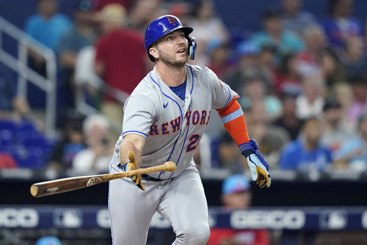 New York Mets' Pete Alonso watches after hitting a solo home run during the second inning of a base...