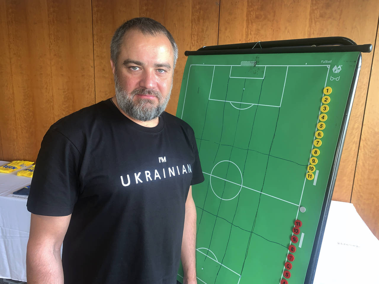 Andriy Pavelko, the president of Ukraine’s soccer federation, poses after an interview with The A...