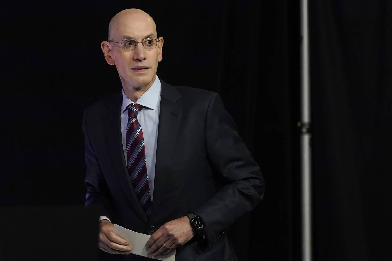 NBA Commissioner Adam Silver arrives at a news conference before Game 1 of basketball's NBA Finals ...