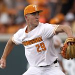 
              Tennessee pitcher Blade Tidwell throws against Notre Dame in the first inning during an NCAA college baseball super regional game Friday, June 10, 2022, in Knoxville, Tenn. (AP Photo/Randy Sartin)
            