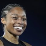 
              Allyson Felix of the United States smiles at the finish line of the women's 200-meter competition at the Golden Gala Pietro Mennea IAAF Diamond League athletics meeting in Rome, Thursday, June 9, 2022. (AP Photo/Andrew Medichini)
            