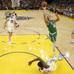
              Boston Celtics forward Grant Williams (12) shoots over Golden State Warriors forward Draymond Green during the second half of Game 2 of basketball's NBA Finals in San Francisco, Sunday, June 5, 2022. (Kyle Terada/Pool Photo via AP)
            