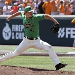 
              Notre Dame pitcher Jackson Dennies throws against Tennessee in the fifth inning during an NCAA college baseball super regional game Saturday, June 11, 2022, in Knoxville, Tenn. (AP Photo/Randy Sartin)
            