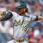 
              Oakland Athletics starting pitcher Cole Irvin throws against the Cleveland Guardians during the first inning of a baseball game, Sunday, June 12, 2022, in Cleveland. (AP Photo/Ron Schwane)
            