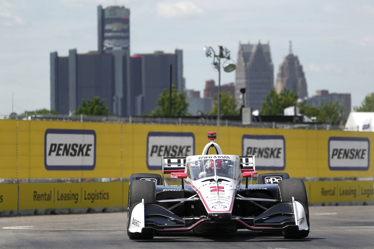 Josef Newgarden drives during qualifying for the IndyCar Detroit Grand Prix auto race on Belle Isle...