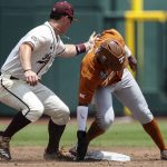
              Texas' Dylan Campbell, right, slides into second base on a steal-attempt, knocking the glove off Texas A&M's Ryan Targac in the second inning of an elimination baseball game at the College World Series in Omaha, Neb., Sunday, June 19, 2022. (Z Long/Omaha World-Herald via AP)
            