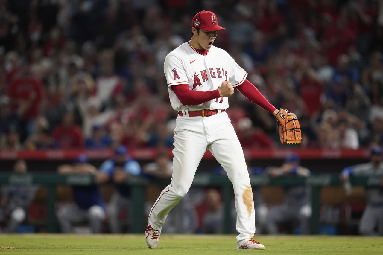 Los Angeles Angels starting pitcher Shohei Ohtani (17) reacts at the end of the top of the eighth i...