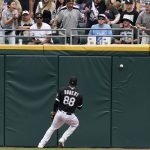 
              Chicago White Sox center fielder Luis Robert chases the ball on a three-run double hit by Baltimore Orioles' Austin Hays in the seventh inning of a baseball game in Chicago, Saturday, June 25, 2022. (AP Photo/Nam Y. Huh)
            