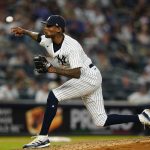 
              New York Yankees' Miguel Castro pitches during the seventh inning of a baseball game against the Chicago Cubs, Friday, June 10, 2022, in New York. (AP Photo/Frank Franklin II)
            