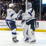 
              Tampa Bay Lightning's Andrei Vasilevskiy, right, and Ryan McDonagh celebrate the team's 3-2 win against the Colorado Avalanche in Game 5 of the NHL Stanley Cup Final, Friday, June 24, 2022, in Denver. (AP Photo/Jack Dempsey)
            