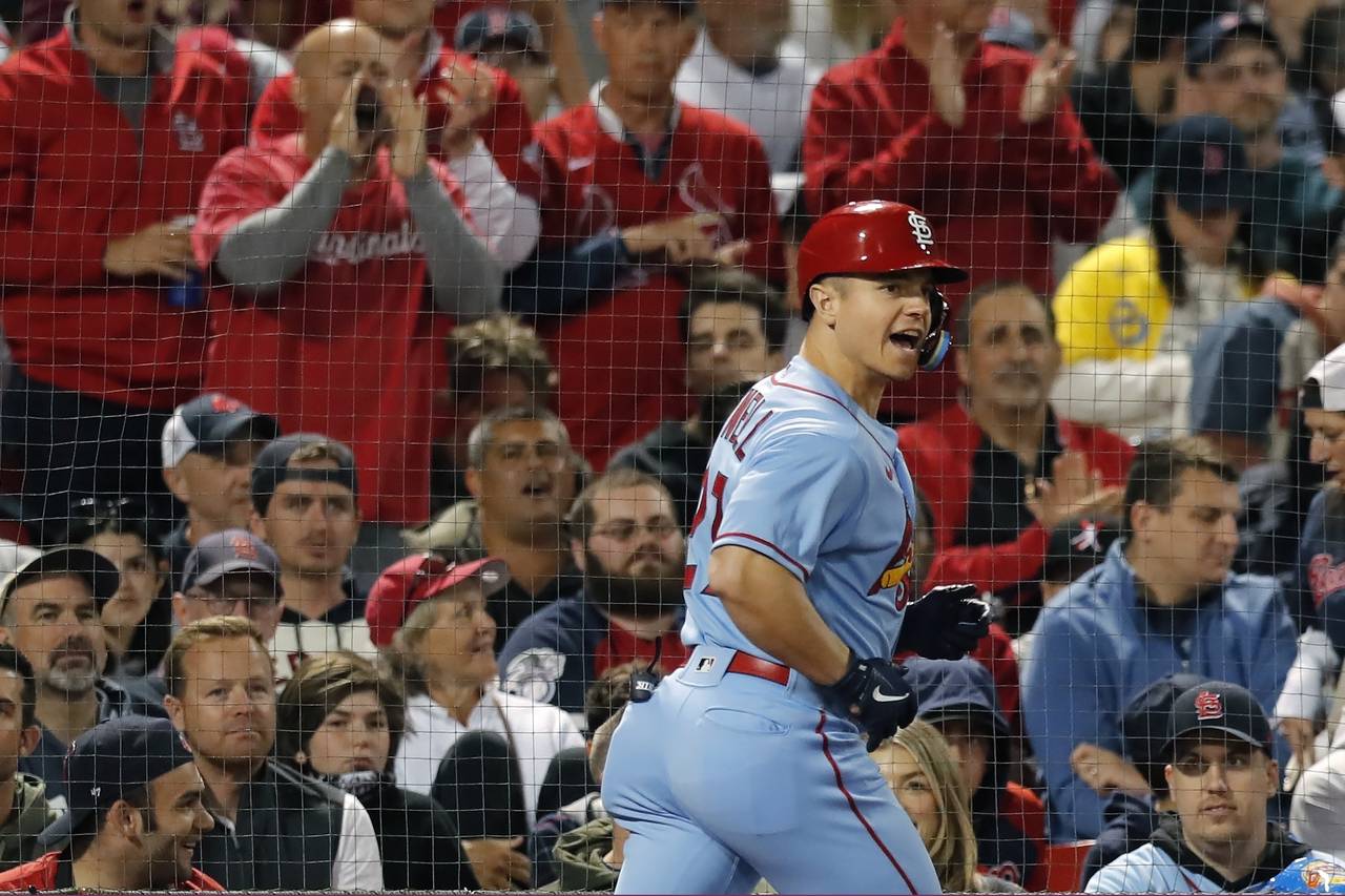 St. Louis Cardinals' Tyler O'Neill celebrates after his solo home run during the sixth inning of a ...