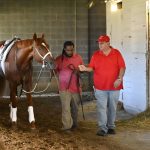 
              Eric Reed, right, trainer of Kentucky Derby winner Rich Strike, speaks with groom Jerry Dixon Jr. as they walk the horse around his barn in Louisville, Ky., May 29, 2022. Dixon, a fourth-generation horseman who works with his father, is one of a handful of Black horsemen who can be seen around the backside barns of tracks working as trainers, grooms and hot walkers, but their numbers are scarce compared to the overwhelming presence of Latino workers. (AP Photo/Timothy D. Easley)
            