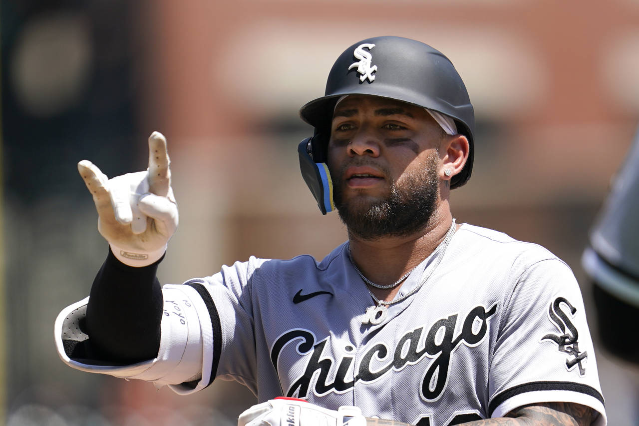 Chicago White Sox's Yoan Moncada reacts to his single against the Detroit Tigers in the fourth inni...