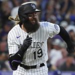 
              Colorado Rockies' Charlie Blackmon runs to first on a double against the Los Angeles Dodgers during the sixth inning of a baseball game Tuesday, June 28, 2022, in Denver. (AP Photo/Jack Dempsey)
            