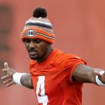 
              Cleveland Browns quarterback Deshaun Watson takes part in drills at the NFL football team's practice facility Tuesday, June 14, 2022, in Berea, Ohio. (AP Photo/Ron Schwane)
            