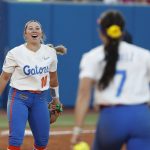 
              Florida's Natalie Lugo (10) celebrates after the final out against Oregon State in an NCAA softball Women's College World Series game Thursday, June 2, 2022, in Oklahoma City. (AP Photo/Alonzo Adams)
            