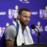 
              Golden State Warriors guard Stephen Curry speaks to members of the media during NBA basketball practice in San Francisco, Wednesday, June 1, 2022. The Warriors are scheduled to host the Boston Celtics in Game 1 of the NBA Finals on Thursday. (AP Photo/Jed Jacobsohn)
            