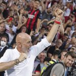 
              AC Milan coach Stefano Pioli celebrates after winning a Serie A soccer match between AC Milan and Sassuolo, in Reggio Emilia's Mapei Stadium, Italy, Sunday, May 22, 2022. AC Milan secured its first Serie A title in 11 years on Sunday with a 3-0 win at Sassuolo. (Spada/LaPresse via AP)
            