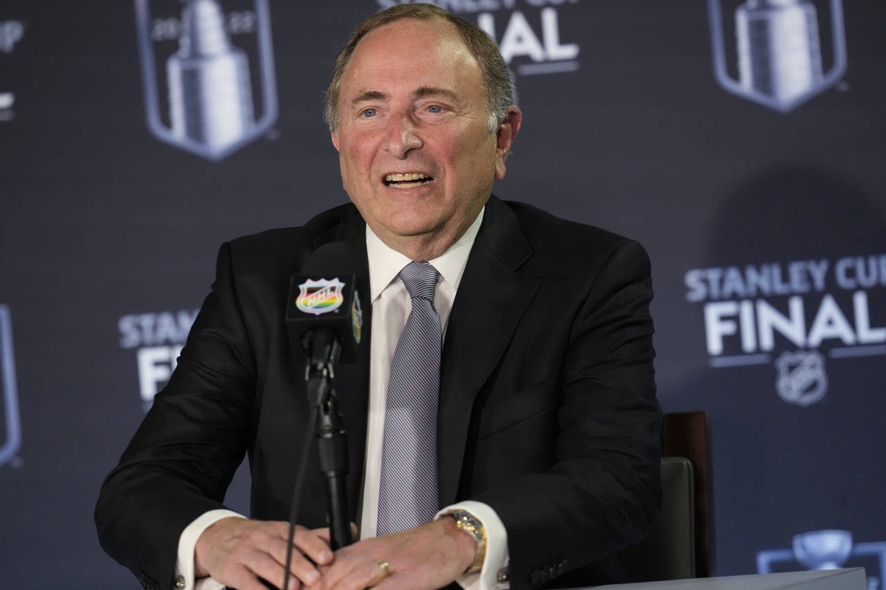 NHL Commissioner Gary Bettman speaks during a news conference before Game 1 of the NHL Hockey Stanl...