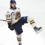 
              Shawinigan Cataractes' Mavrik Bourque reacts to his power-play goal in the first period against the Hamilton Bulldogs during a Memorial Cup hockey game Thursday, June 23, 2022, in Saint John, New Brunswick. (Darren Calabrese/The Canadian Press via AP)
            