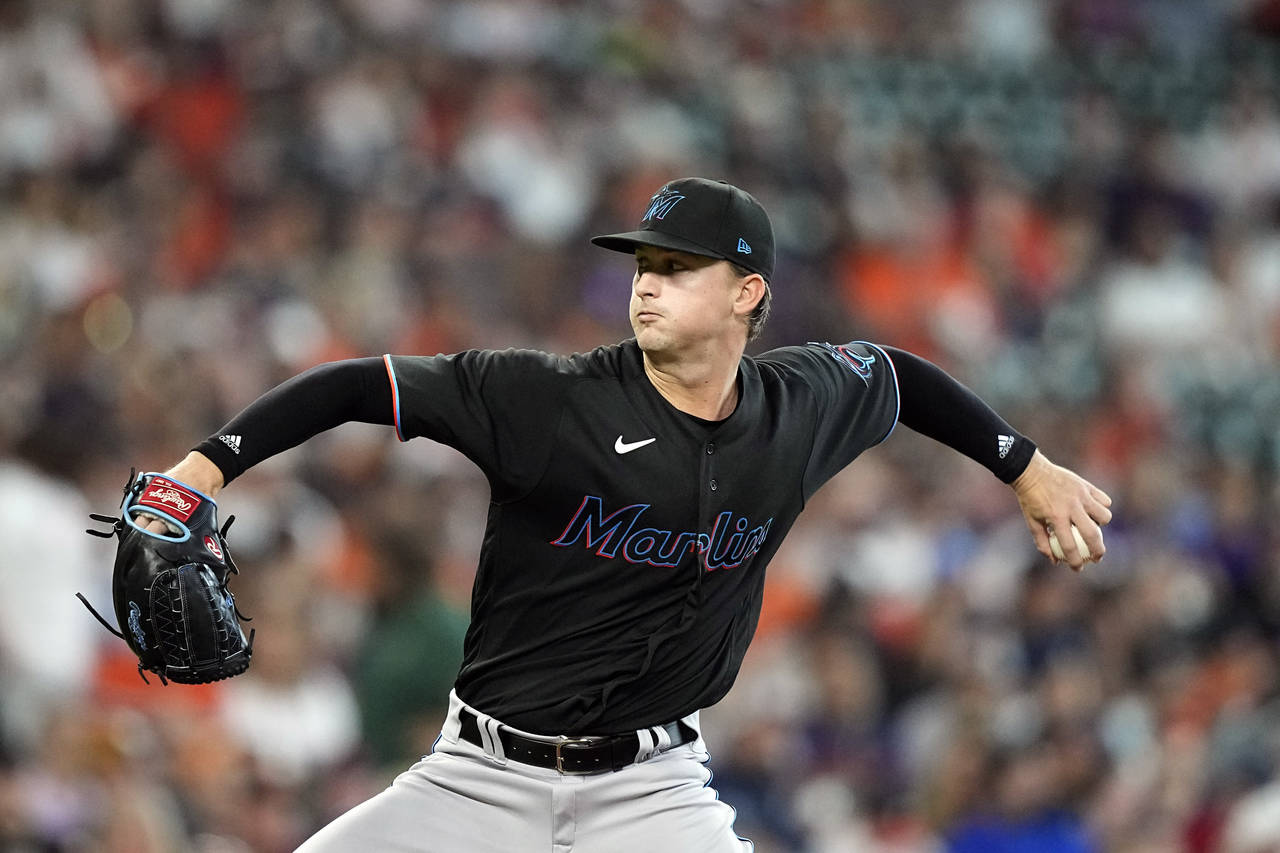 Miami Marlins starting pitcher Braxton Garrett throws against the Houston Astros during the first i...