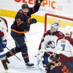 
              Colorado Avalanche goalie Pavel Francouz (39) reacts as Edmonton Oilers' Zach Hyman (18) celebrates a goal during second period NHL hockey playoff hockey action in Edmonton, Alberta, Monday, June 6, 2022. (Amber Bracken/The Canadian Press via AP)
            