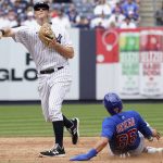 
              New York Yankees second baseman DJ LeMahieu, left, throws to first to complete a double play after forcing out Chicago Cubs' Rafael Ortega (66) in the second inning of a baseball game, Sunday, June 12, 2022, in New York. (AP Photo/Mary Altaffer)
            