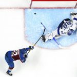 
              Colorado Avalanche left wing Artturi Lehkonen (62) scores a goal against Tampa Bay Lightning goaltender Andrei Vasilevskiy (88) during the first period of Game 1 of the NHL hockey Stanley Cup Final on Wednesday, June 15, 2022, in Denver. (AP Photo/John Locher)
            