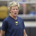 
              FILE - Michigan head coach Carol Hutchins calls out instructions during an NCAA softball game against South Dakota State, on May 20, 2022, in Orlando, Fla. Hutchins, the winningest coach in college softball history, said she was informed of the Supreme Court's decision to overturn the abortion rights provisions of Roe v. Wade via news alerts on her phone Friday. (AP Photo/Phelan M. Ebenhack, File)
            