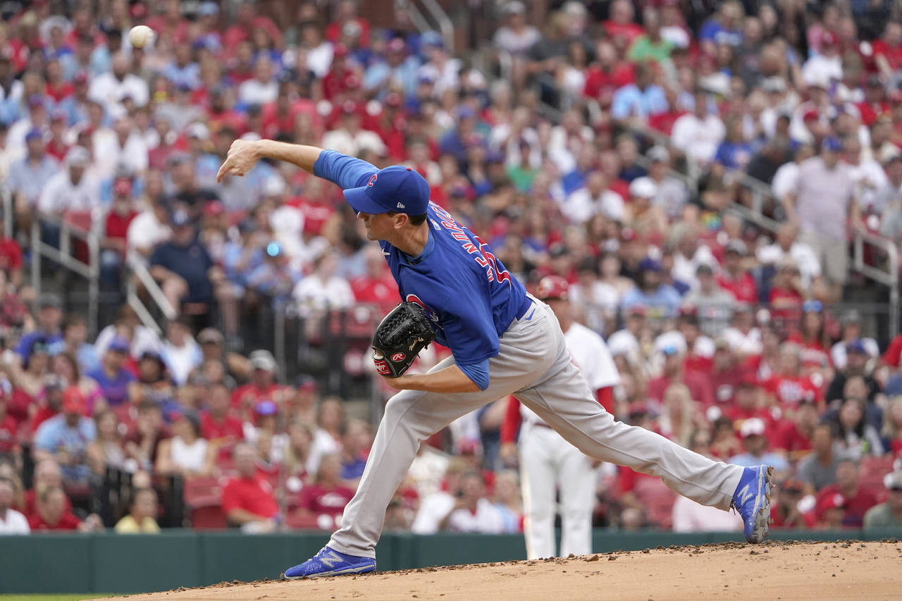 Chicago Cubs starting pitcher Kyle Hendricks throws during the first inning of a baseball game agai...