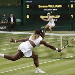 
              FILE - Serena Williams returns the ball to Romania's Simona Halep, background, during the women's singles final match on day twelve of the Wimbledon Tennis Championships in London, Saturday, July 13, 2019. The singles draw for 2022 Wimbledon is Friday, June 24, 2022. (AP Photo/Tim Ireland, File)
            
