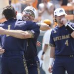 
              Notre Dame players celebrate after defeating Tennessee in an NCAA college baseball super regional game Sunday, June 12, 2022, in Knoxville, Tenn. (AP Photo/Randy Sartin)
            