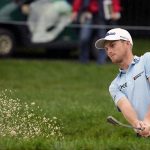 
              Will Zalatoris hits out of the bunker on the 8th hole during the first round of the Memorial golf tournament in Dublin, Ohio, Thursday, June 2, 2022. (Barbara J. Perenic/The Columbus Dispatch via AP)
            