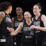 
              Seattle Storm guard Sue Bird (10) celebrates with teammates after scoring a 3-point goal during the final seconds of the second half of a WNBA basketball game against the New York Liberty, Sunday, June 19, 2022, in New York. (AP Photo/Mary Altaffer)
            