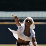 
              Professional wrestler Jade Cargill throws out a ceremonial first pitch before a baseball game between the Baltimore Orioles and the Chicago White Sox in Chicago, Sunday, June 26, 2022. (AP Photo/Nam Y. Huh)
            