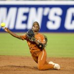 
              Texas infielder Janae Jefferson throws to first base against Oklahoma during the second game of the NCAA softball Women's College World Series finals in Oklahoma City, Okla., Thursday, June 9, 2022. (Ian Maule/Tulsa World via AP)
            