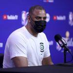
              Boston Celtics head coach Ime Udoka speaks to members of the media during NBA basketball practice in San Francisco, Wednesday, June 1, 2022. The Golden State Warriors are scheduled to host the Boston Celtics in Game 1 of the NBA Finals on Thursday. (AP Photo/Jed Jacobsohn)
            
