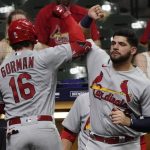 
              St. Louis Cardinals' Nolan Gorman is congratulated by Juan Yepez after hitting a home run during the seventh inning of a baseball game against the Milwaukee Brewers Tuesday, June 21, 2022, in Milwaukee. (AP Photo/Morry Gash)
            